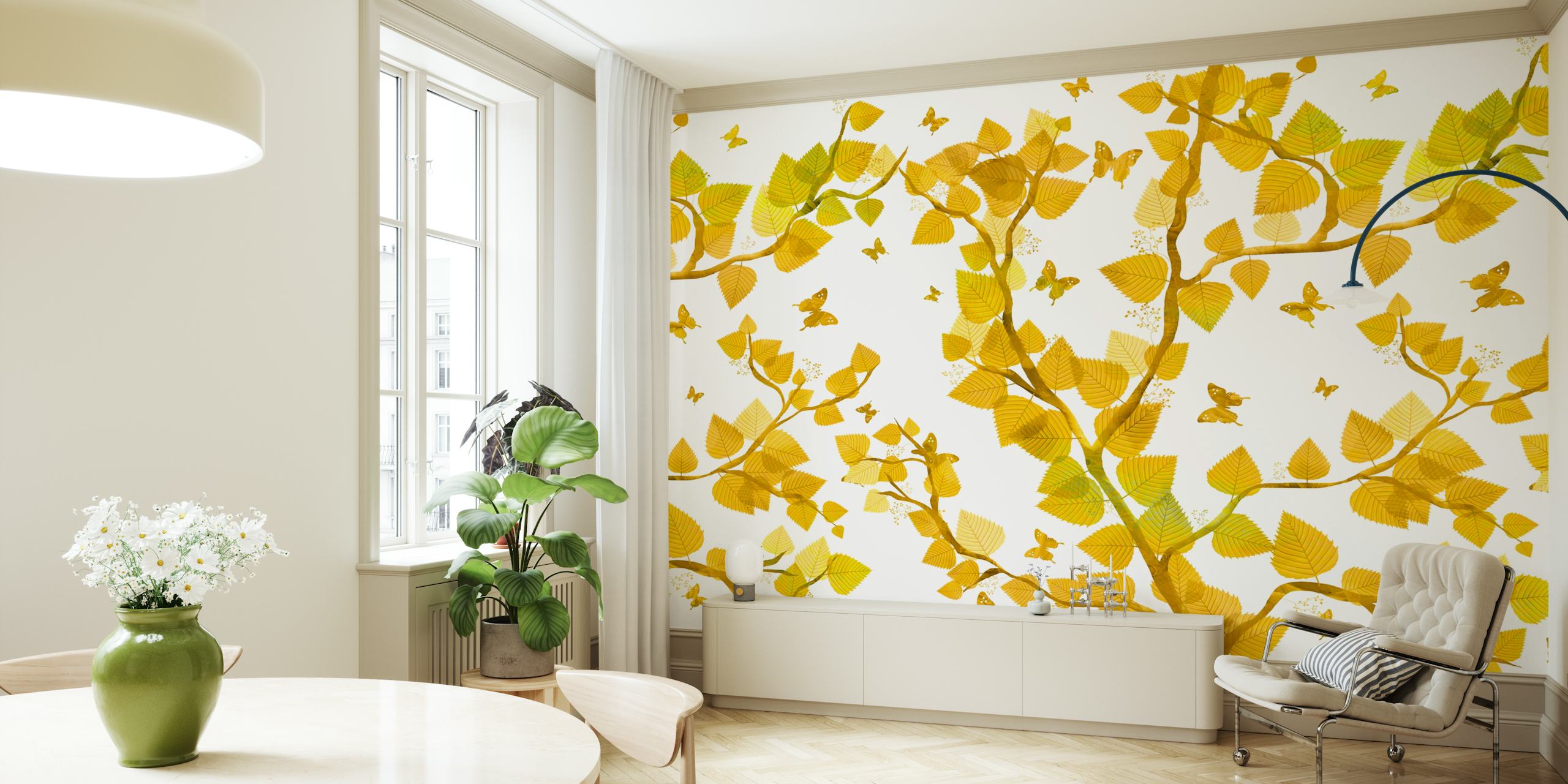 Gold leaves and butterflies on a white background wallpaper